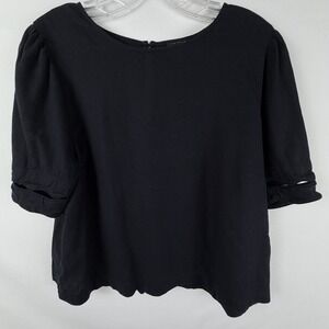 Ann Taylor Black‎ Linen Blend Blouse Sz L Puff Sleeve Cutout Detail Minimalist